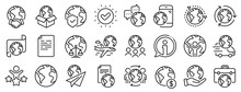 Global Law, Translate Language, Outsource Business. World Business Line Icons. International Organization, Financial Transactions, World Map Icons. Delivery Service, Global Outsource. Vector