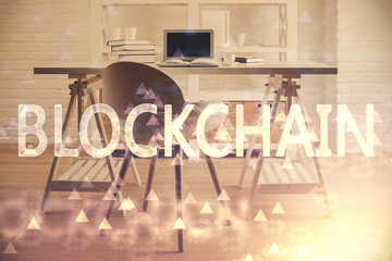 Double exposure of crypto technology theme drawing and office interior background. Concept of blockchain.