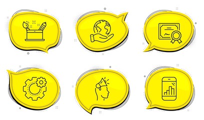 Poster - cogwheel sign. diploma certificate, save planet chat bubbles. brand ambassador, creativity concept a
