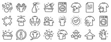 Dryer, Washing Machine And Dirt Shirt. Laundry Line Icons. Laundromat, Hand Washing, Soap Bubbles In Basin Icons. Dry T-shirt, Laundry Service, Dirty Smudge Spot. Clean Clothes. Vector