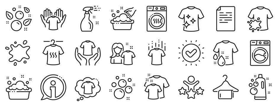 Dryer, Washing machine and dirt shirt. Laundry line icons. Laundromat, hand washing, soap bubbles in basin icons. Dry t-shirt, laundry service, dirty smudge spot. Clean clothes. Vector