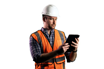 Male Construction Worker Looking at Tablet