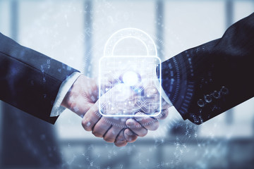 Poster - Double exposure of lock hologram and handshake of two men. Partnership security concept.