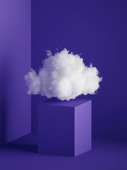 Wall Mural - 3d render, white fluffy cloud above the cube pedestal, square podium, minimal room interior. Objects isolated on violet blue background, modern design, abstract metaphor.