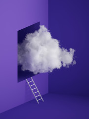 Wall Mural - 3d render, white fluffy cloud flying out the window, ladder, stairs, hole inside the wall. Minimal room interior. Objects isolated on violet blue background, modern design, abstract metaphor.