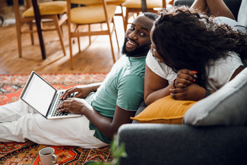 Happy man smiling to his beloved woman stock photo