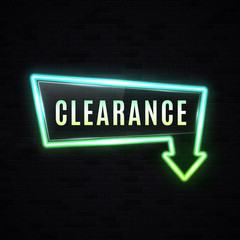Wall Mural - neon clearance sale sign. discount banner on black brick background. glowing led lamp border. shinin