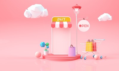 Poster - Online Shopping on smartphone. online marketing background for advertising, banner, brochure and web template. 3D rendering illustration.
