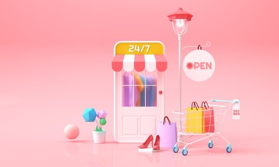 Poster - Online Shopping on smartphone. clothes behind mobile shop'door, cart and clothe bags. online marketing background for advertising, banner, brochure and web template. 3D rendering illustration.