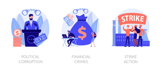Poster - dishonest government, money laundering, social demonstration icons set. political corruption, financ