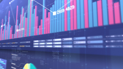 Poster - Business stock market, trading, info graphic with animated graphs, charts and data numbers insight analysis to be shown on monitor display screen for business meeting mock up theme