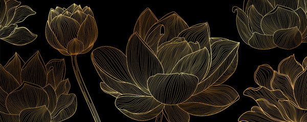 Golden lotus line arts on  dark background, Luxury gold wallpaper design for prints, banner, fabric, poster, cover, digital arts vector illustration.