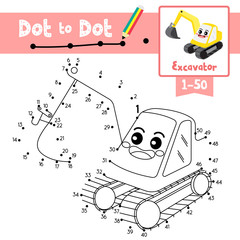 Wall Mural - Dot to dot educational game and Coloring book Excavator cartoon character perspective view vector illustration