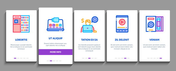 Poster - Renting Movies Service Onboarding Mobile App Page Screen Vector. Renting Movies Store, Internet Online Watching And Download, Compact Disk And Reel Color Contour Illustrations