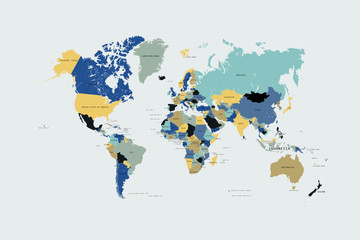 coloured world map. colourful world countries and countries names. vector illustration.