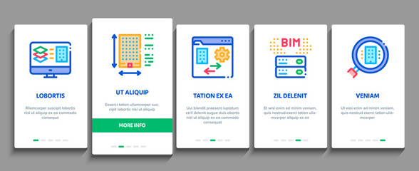 Poster - Bim Building Information Modeling Onboarding Mobile App Page Screen Vector. Building Document And Plan, Research And Build Construction, Bridge And Apartment Color Contour Illustrations