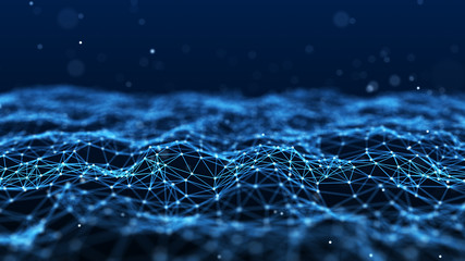 Poster - Network of bright connected dots and lines. Digital plexus of glowing lines and dots. Abstract background. 3D rendering.