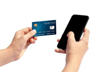 woman hand holding blue credit card and using smart phone isolated on white background, front side v