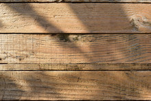Wood Barn Wall Plank Texture Background With Light And Shadow In The Morning Day, Top View Of Old Wooden Table