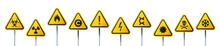 Rounded Triangular Signs Of A Hazard Warnings. Yellow Signs With Varied Danger Symbols.