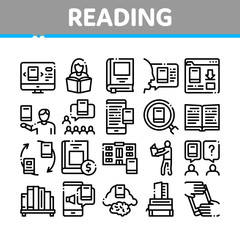 Aufkleber - Reading Library Book Collection Icons Set Vector. Reading And Learning, Smartphone And Computer Education E-book, Shelf With Literature Concept Linear Pictograms. Monochrome Contour Illustrations