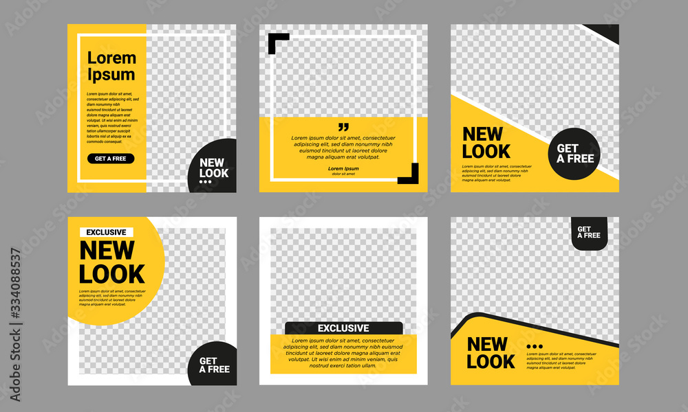 Set of Editable square banner template. Black and yellow background color with stripe line shape. Suitable for social media post, instagram and web internet ads. Vector illustration with photo college - obrazy, fototapety, plakaty 