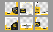 Set Of Editable Square Banner Template. Black And Yellow Background Color With Stripe Line Shape. Suitable For Social Media Post, Instagram And Web Internet Ads. Vector Illustration With Photo College
