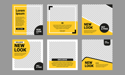 set of editable square banner template. black and yellow background color with stripe line shape. su