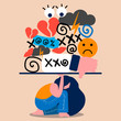 A woman is trying to withstand onslaught of profanity and sexual harassment. Cyberbullying illustration.