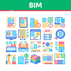 Poster - Bim Building Information Modeling Icons Set Vector. Building Document And Plan, Research And Build Construction, Bridge And Apartment Concept Linear Pictograms. Color Illustrations