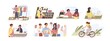 Set of various people conscious consumption lifestyle vector flat illustration. Collection of different person enjoying eco-friendly way of life isolated on white. Saving environment together