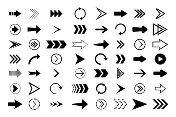 Poster - Arrows set. Black direction symbols. Graphic icons of up, down, right, next, cursor, back, circle, refresh, rewind, repeat, forward, pointer for web orientation. Simple digital shapes, lines. Vector
