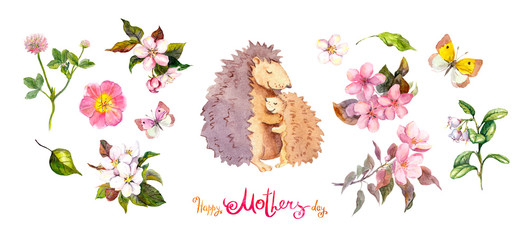 Wall Mural - Watercolor set for Mother's day: Mom hedgehog animal hugging her child, flowers cherry blossom, leaves, butterflies, note Happy Mothers day. Collection for card, inviatation