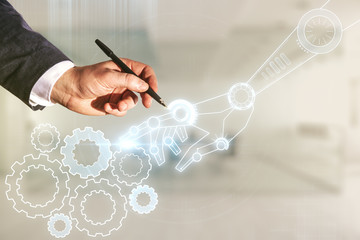 Aufkleber - Male hand with pen working with abstract virtual robotics technology sketch on blurred office background, future technology and AI concept. Double exposure