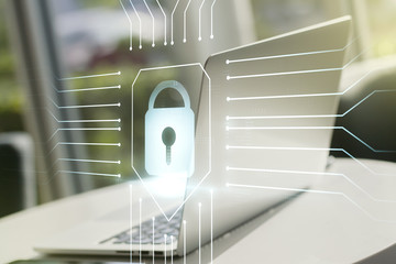 Poster - Creative light lock illustration with microcircuit on modern computer background, cyber security concept. Multiexposure