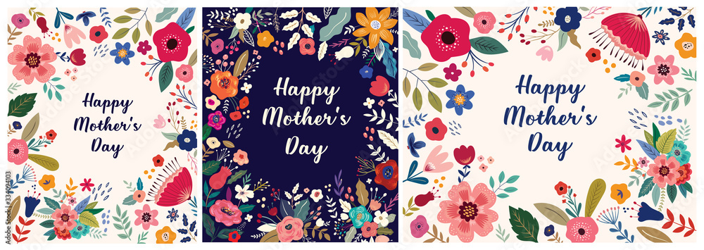 Collection of Happy Mothers Day greeting illustrations with colorful spring flowers. Happy Mothers Day templates, invitations - obrazy, fototapety, plakaty 