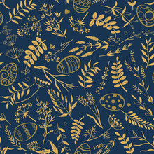 Easter Background. Easter Eggs, Twigs, Herbs And Flowers On Dark Blue Background. Vector Seamless Pattern.