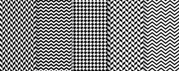 Herringbone seamless pattern. Vector. Twill print with herring bone, zig za and chevron. Tweed geometric textures. Set black white backgrounds. Simple illustration.