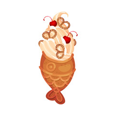 Poster - Creamy Ice Cream with Cherry and Pretzels Poured in Fish Shaped Waffle Vector Illustration