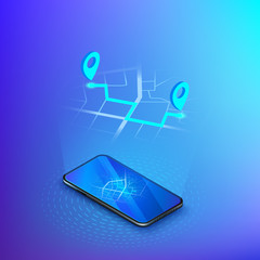 Poster - navigation or gps in mobile. delivery service isometric banner. mobile app taxi or shipping. city ma