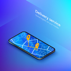 Poster - delivery or taxi service isometric banner. navigation or gps in mobile. mobile app cab or shipping. 