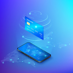 Poster - Banking online service. Money transfer or online payment. Internet shopping. Credit card above mobile phone with global map and transaction route. Vector isometric banner