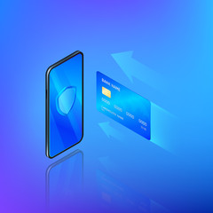 Poster - Banking online service in mobile app. Money transfer or internet shopping concept. Credit card and mobile phone with shield on screen. Security and protection online payment. Vector isometric banner