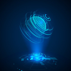 Leinwandbilder - Futuristic 3d radar. Hologram of abstract planet with speed lines. Sci-fi blue background. vr interface illustration or hud element. Vector
