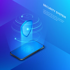 Poster - Security and protection private data. Mobile phone with shield hologram security system concept. Vector isometric illustration