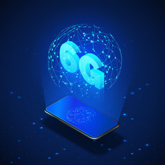 Poster - High speed 6G global mobile networks. Business isometric illustration smartphone with internet hologram and text 6g. Modern data transfer technology. Wireless web. Vector