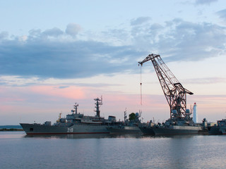 Warships in harbor. White nights