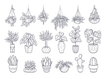 Collection Of Houseplants Isolated On White Background. Set Of Decorative Indoor And Office Plants In Pot. Vector Doodle Plants Illustration. Set 1 Of 2.