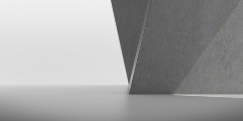 Poster - Abstract of concrete space with sun light cast the shadow on the wall ,Geometric structure, Museum space,Perspective of brutalism  architecture,3d rendering.	