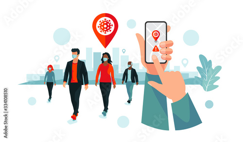 Fotomural Smartphone health virus tracking location app with people wearing protection face mask to prevent coronavirus, disease, flu, air pollution